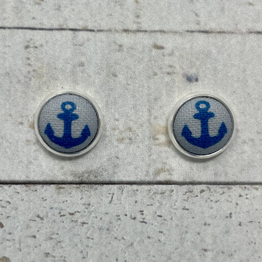 Navy Anchor Fabric Stud Earrings