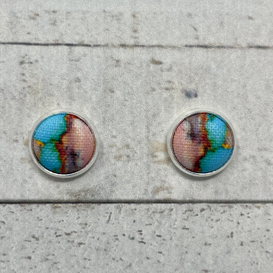 Turquoise & Pink Marble Fabric Stud Earrings