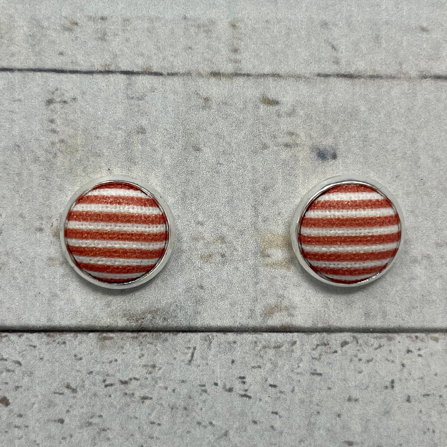 Coral & White Striped Fabric Stud Earrings