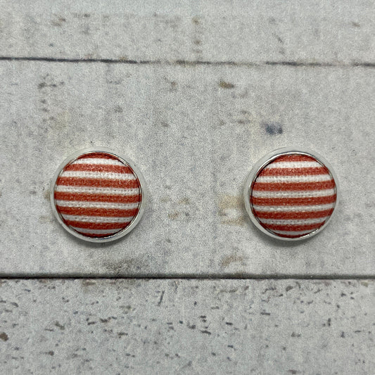 Coral & White Striped Fabric Stud Earrings