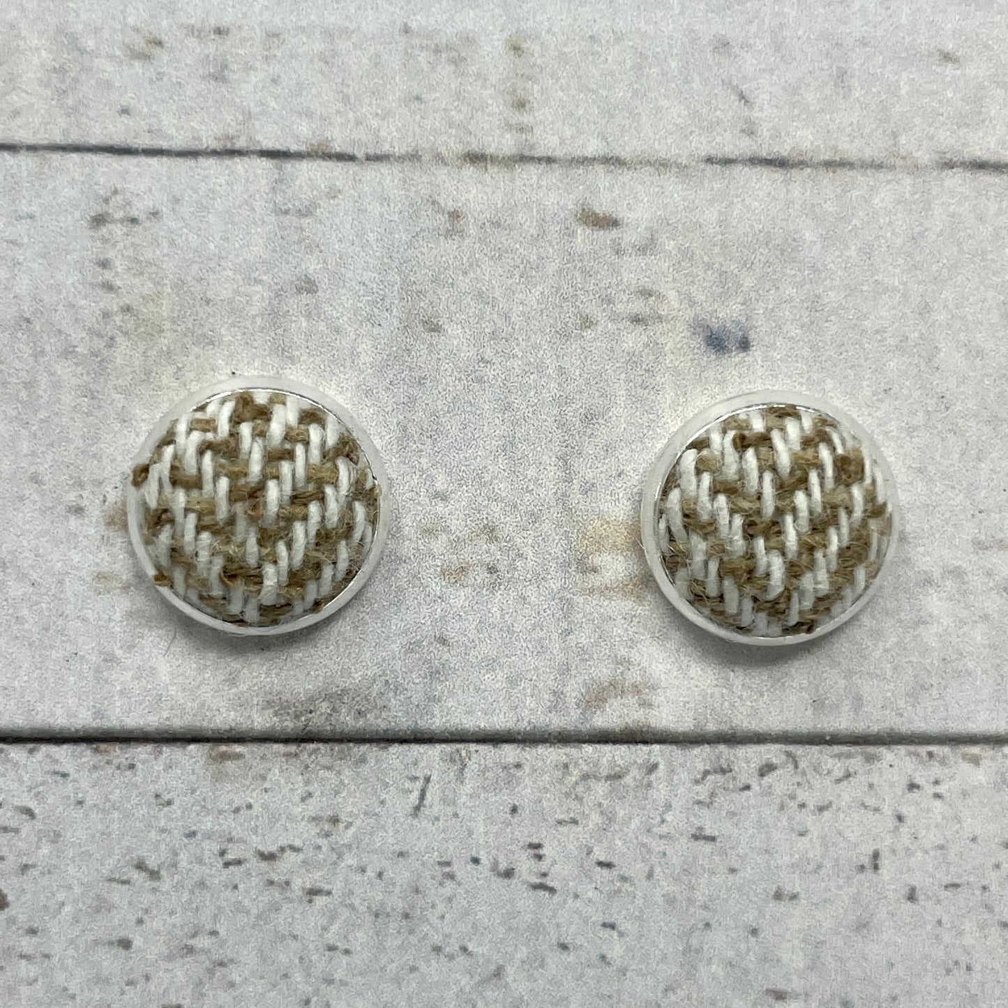 Ivory & Tan Tweed Fabric Stud Earrings