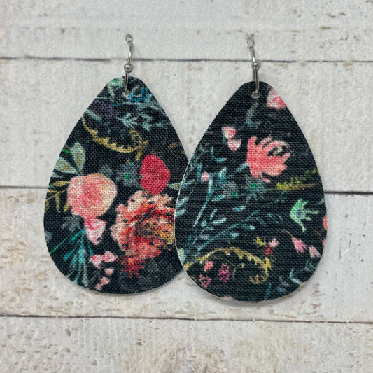 Black Floral Fabric Teardrop Earrings