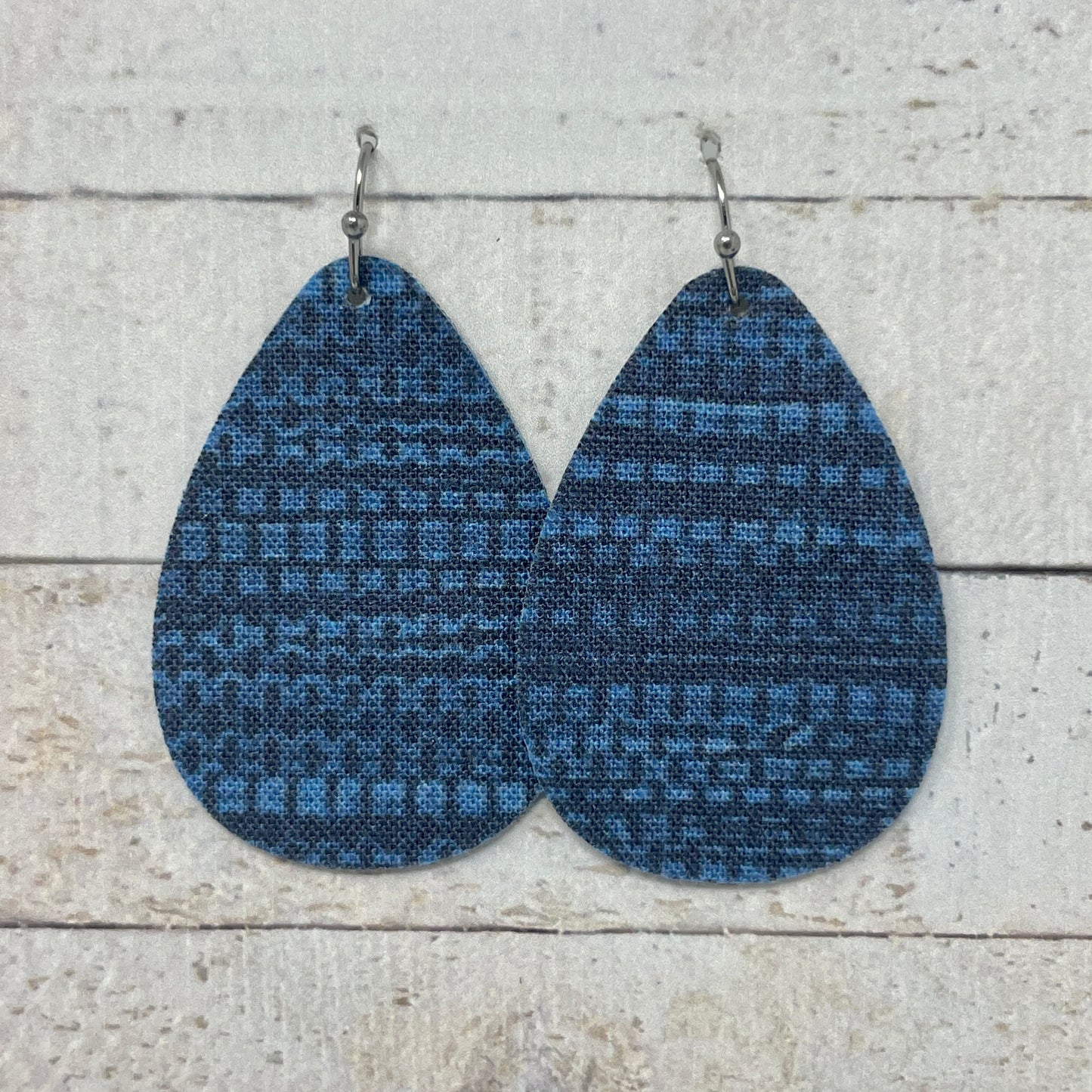 Blue Grasscloth Fabric Teardrop Earrings