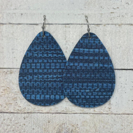 Blue Grasscloth Fabric Teardrop Earrings