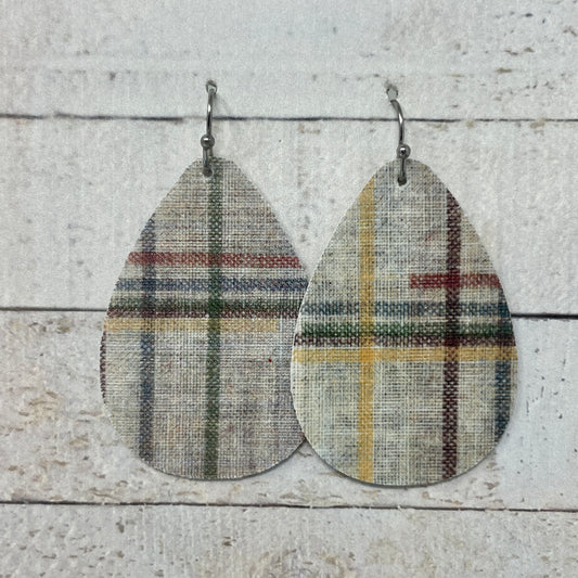 Tan Plaid Fabric Teardrop Earrings