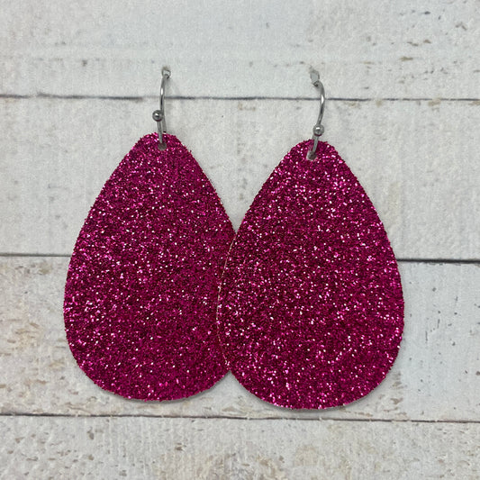 Hot Pink Glitter Fabric Teardrop Earrings