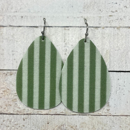 Sage Green Striped Fabric Teardrop Earrings