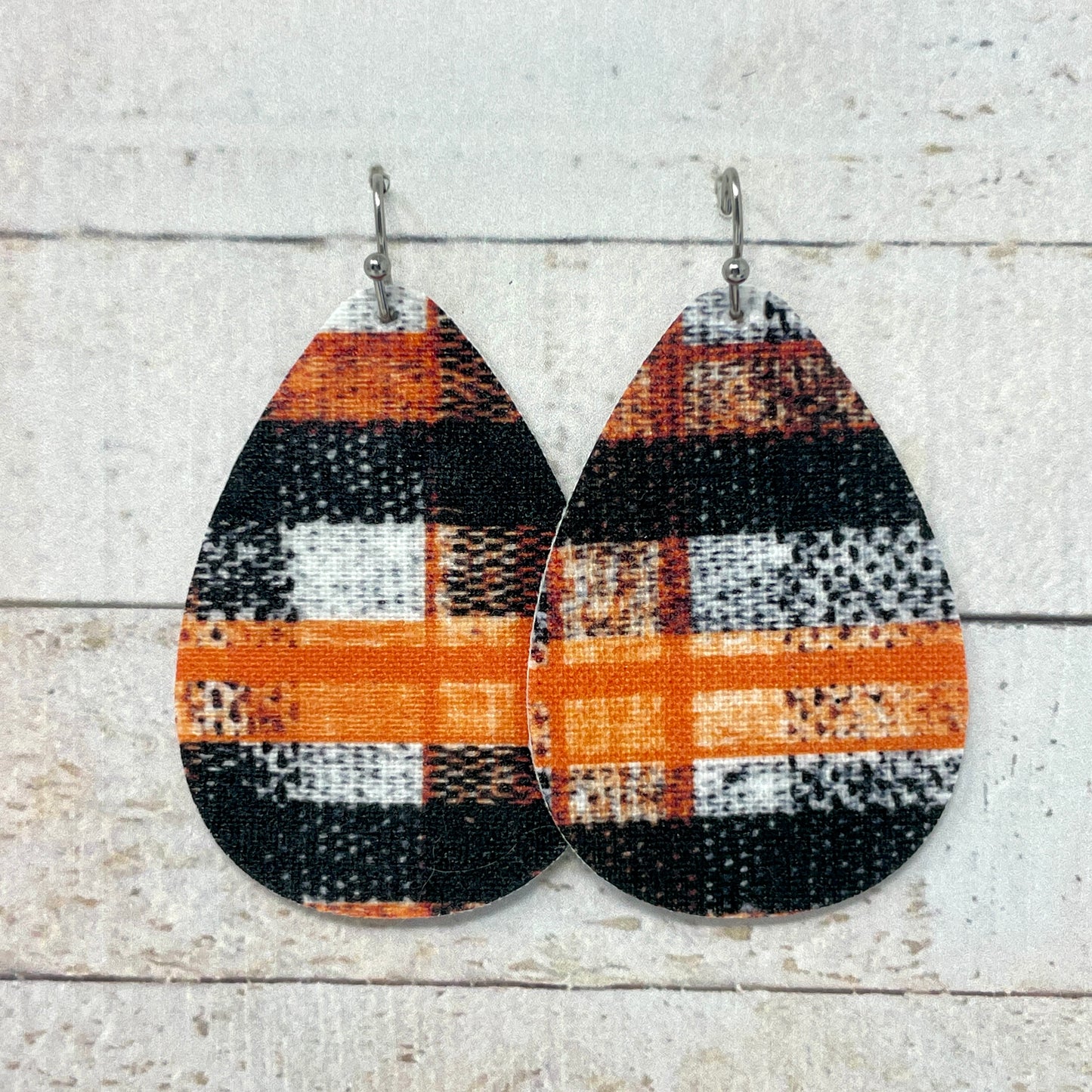 Orange, Black & White Fabric Teardrop Earrings