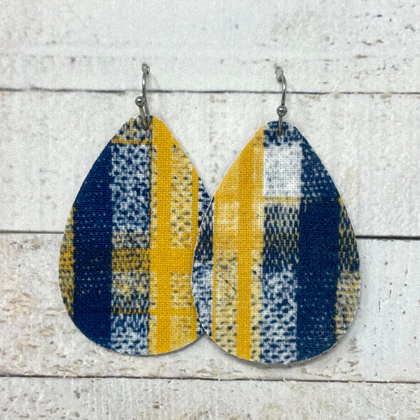 Navy, Gold & White Fabric Teardrop Earrings