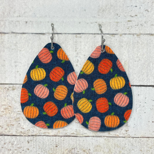 Pumpkins on Navy Fabric Teardrop Earrings