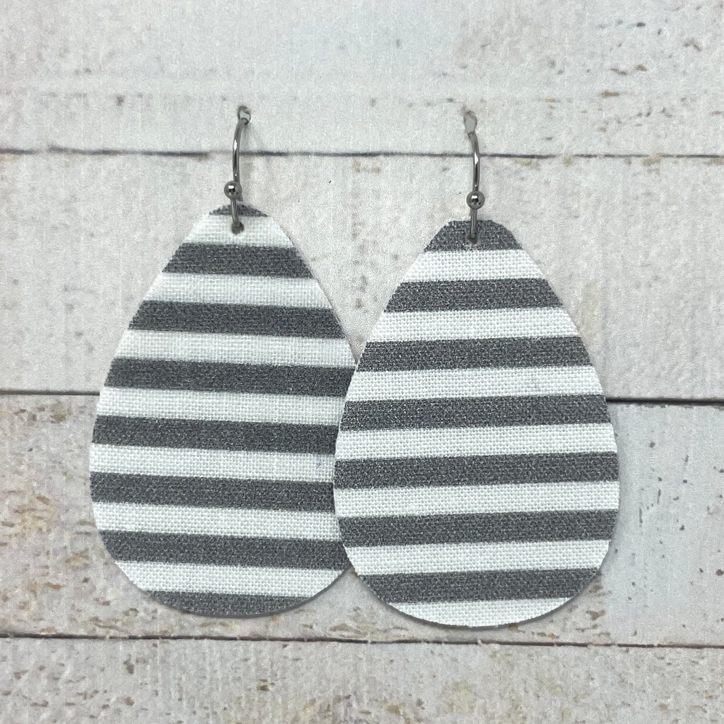 Gray & White Striped Fabric Teardrop Earrings