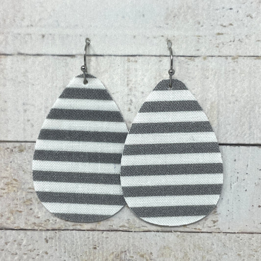 Gray & White Striped Fabric Teardrop Earrings