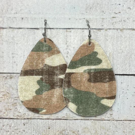 Tan & Brown Camouflage Fabric Teardrop Earrings